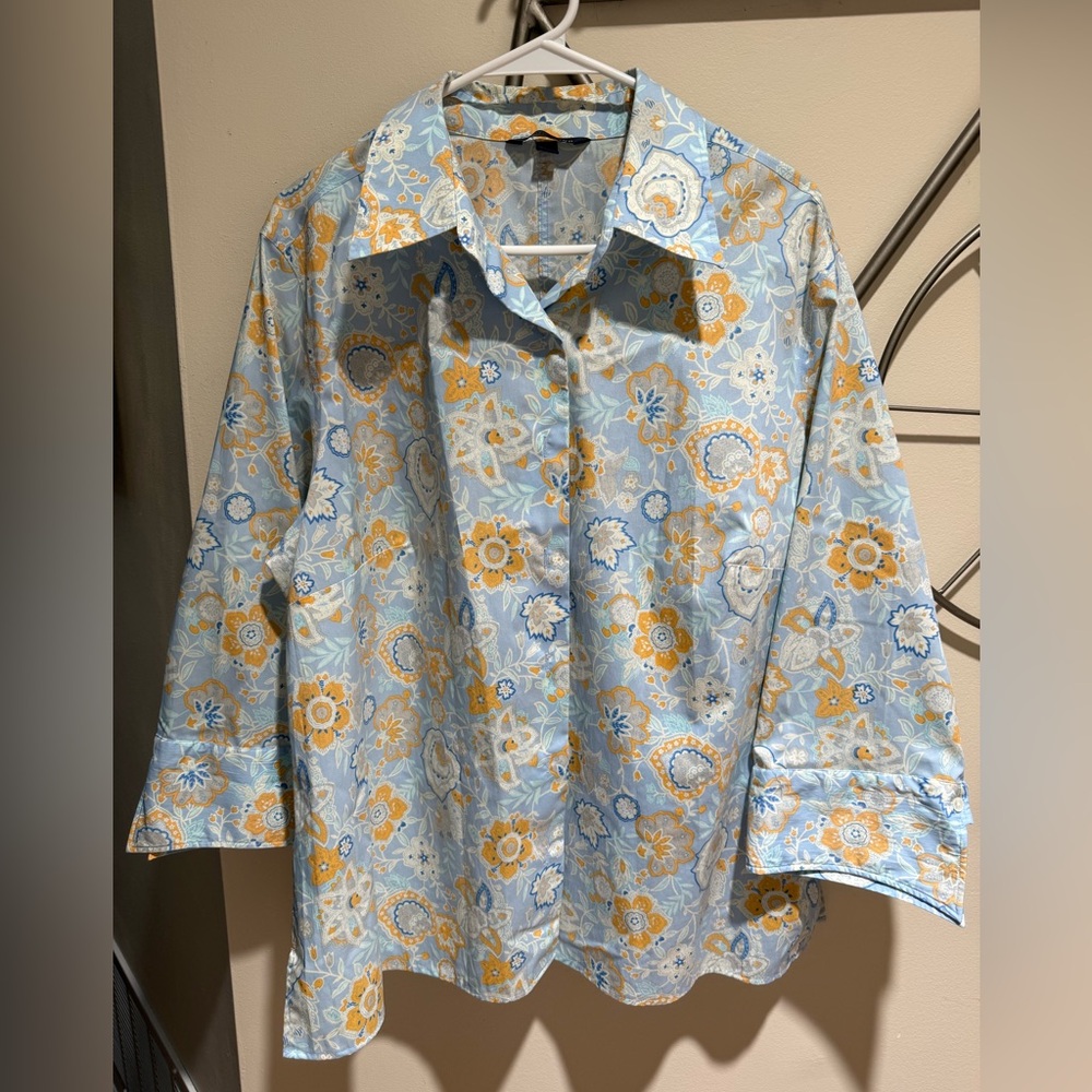 Lands' End Floral Shirt in Blue and Orange, Classic Size 22W Cotton Blend